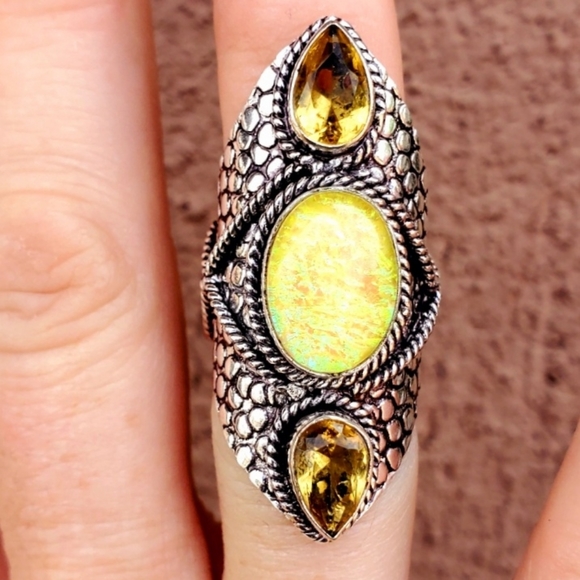 New Huge Triplet Opal and Citrine 925 Silver Statement Ring. - Picture 3 of 8
